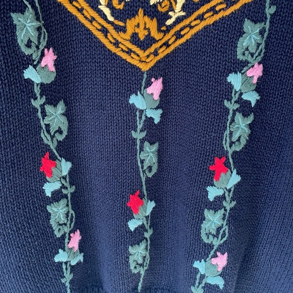 VTG Knitting Needles Hand-Knit /Embroidered Ramie Cotton Black Floral Sweater - Picture 5 of 11